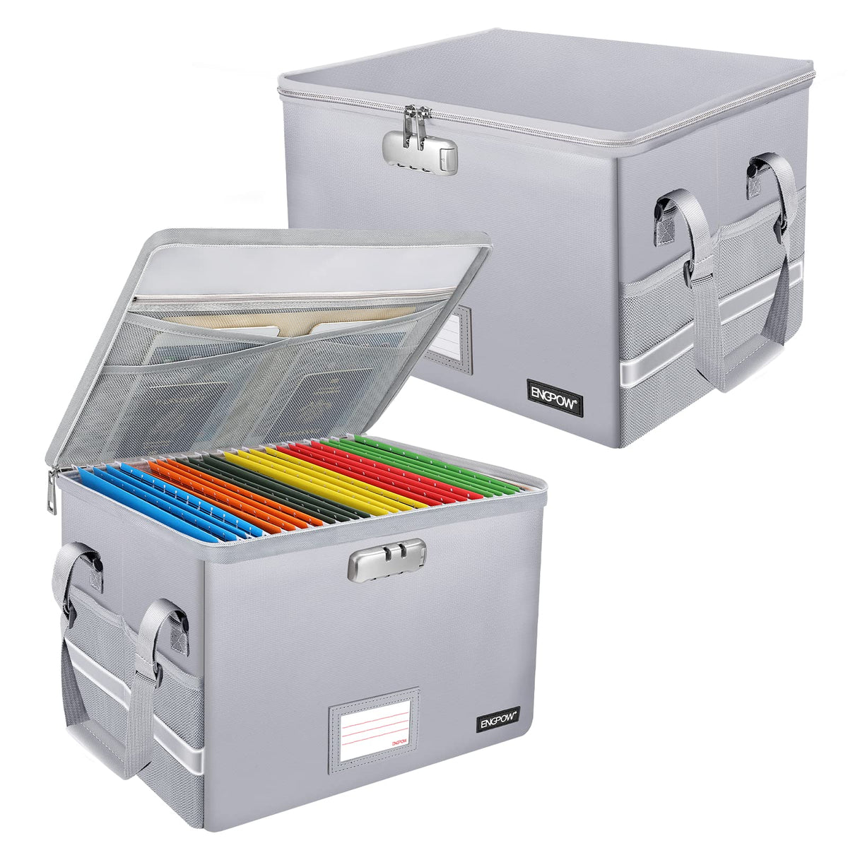 ENGPOW File Box with Lock, Fireproof Document Box with Zipper Lid, Collapsible File Storage Organizer Filing Cabinet with Handle, Portable Home Office Safe for Hanging Letter/Legal Folders, Green