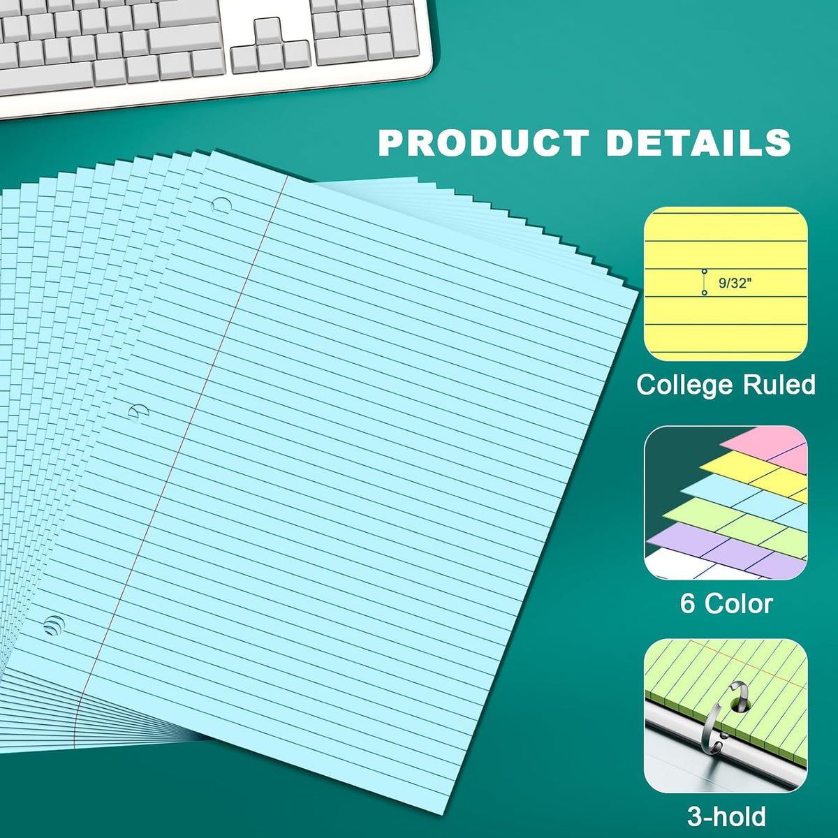 Note Pads 8 X 10.5 Loose Leaf Paper, 120Sheets, 3 Hole Punched Lined Paper