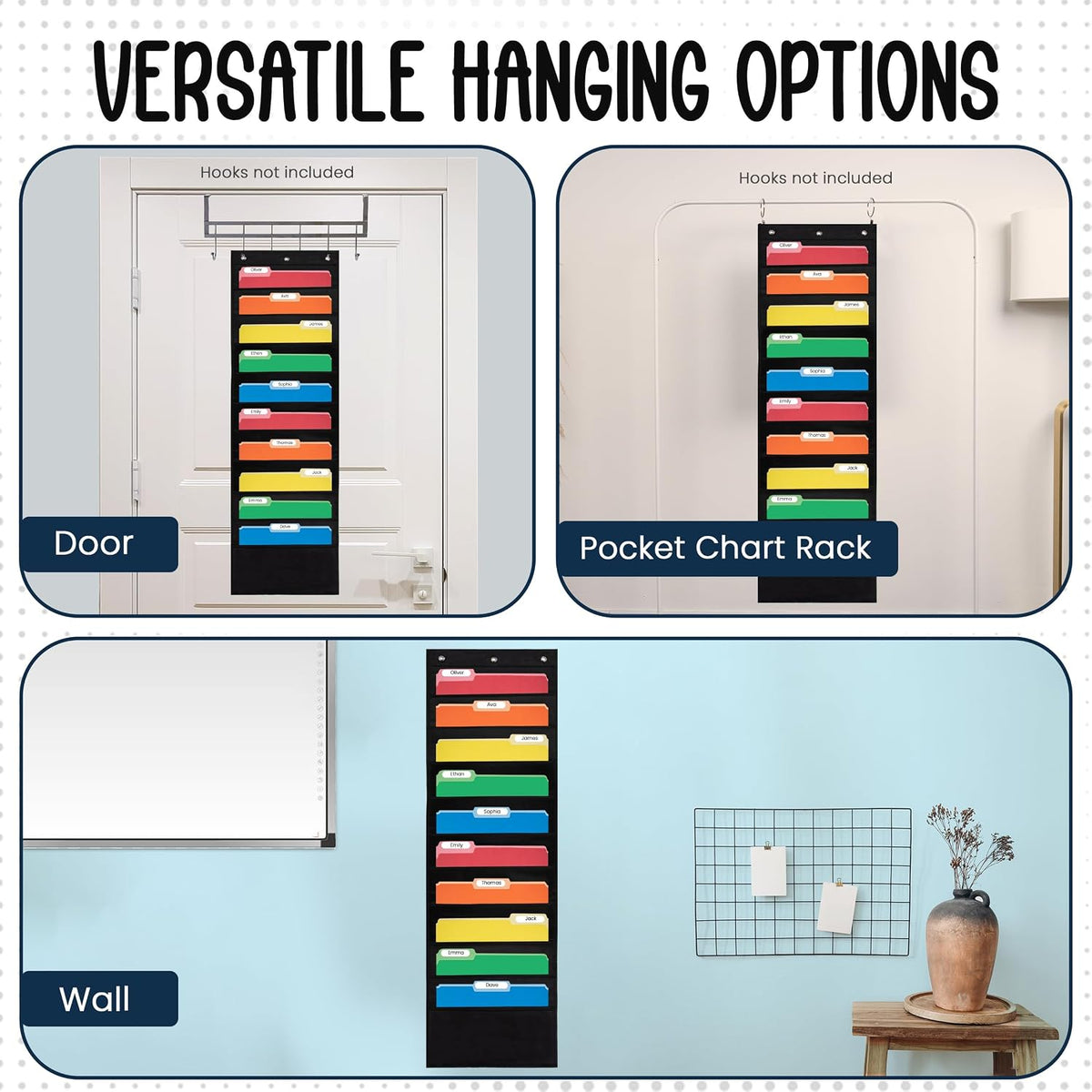 Essex Wares- 10 Pocket File Folder Pocket Chart, Black, 14" Wide x 47" Tall