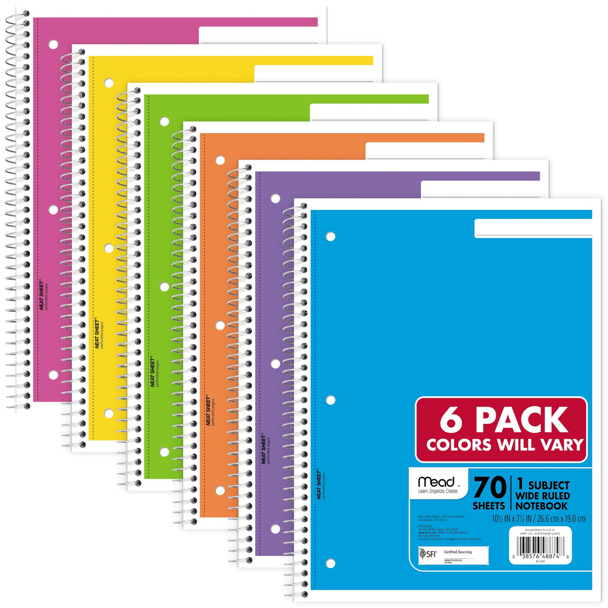 Mead Spiral Notebook, 6 Pack, 1 Subject, College Ruled Paper, 7-1/2" x 10-1/2", 70 Sheets per Notebook, Assorted Bright Colors (830050-ECM)