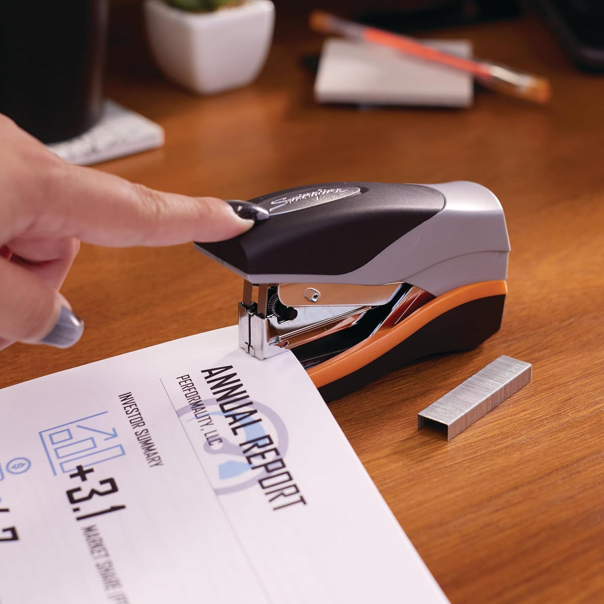 Swingline Stapler, 40 Sheet Capacity, Optima 40, Jam Free, Reduced Effort, Compact, Soft Grip, Metal, Orange, Silver and Black (87842)