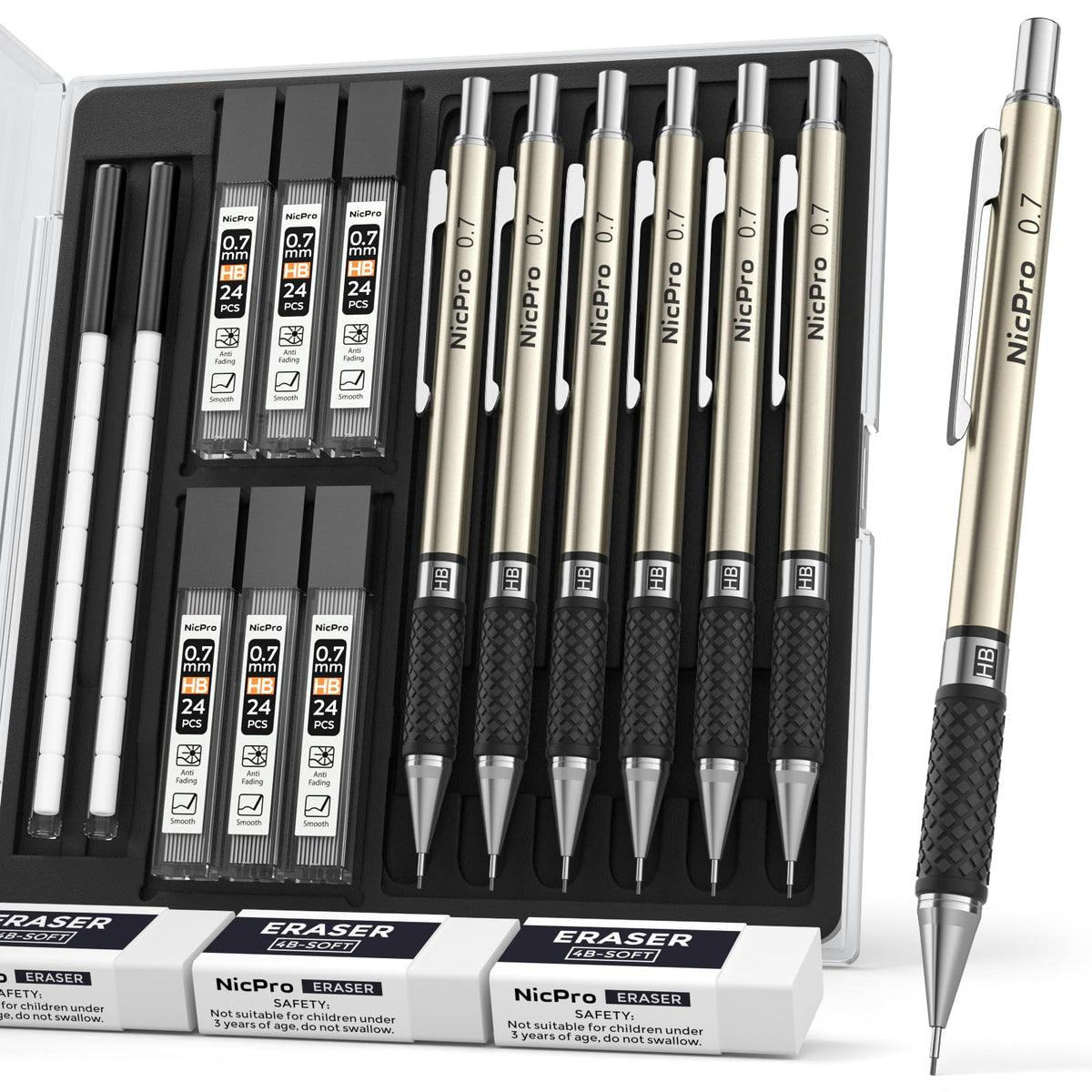 Nicpro 0.7 mm Art Mechanical Pencil Set in Storage Case, 3 PCS