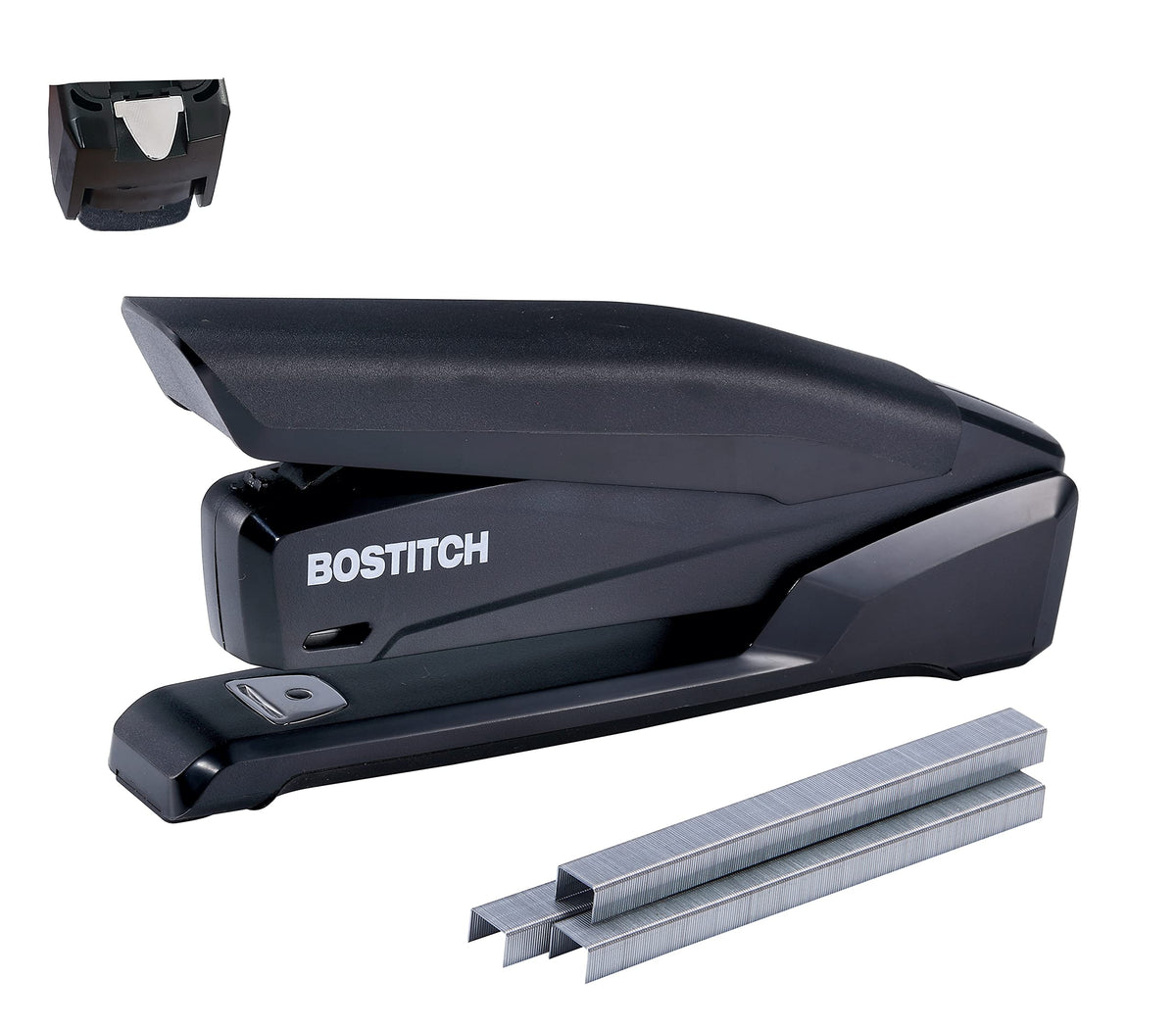 Bostitch Office Executive 3 in 1 Stapler, Includes 210 Staples and Integrated Staple Remover, One Finger Stapling, No Effort, 20 Sheet Capacity, Spring Powered Stapler, Black/Gray (INP20)