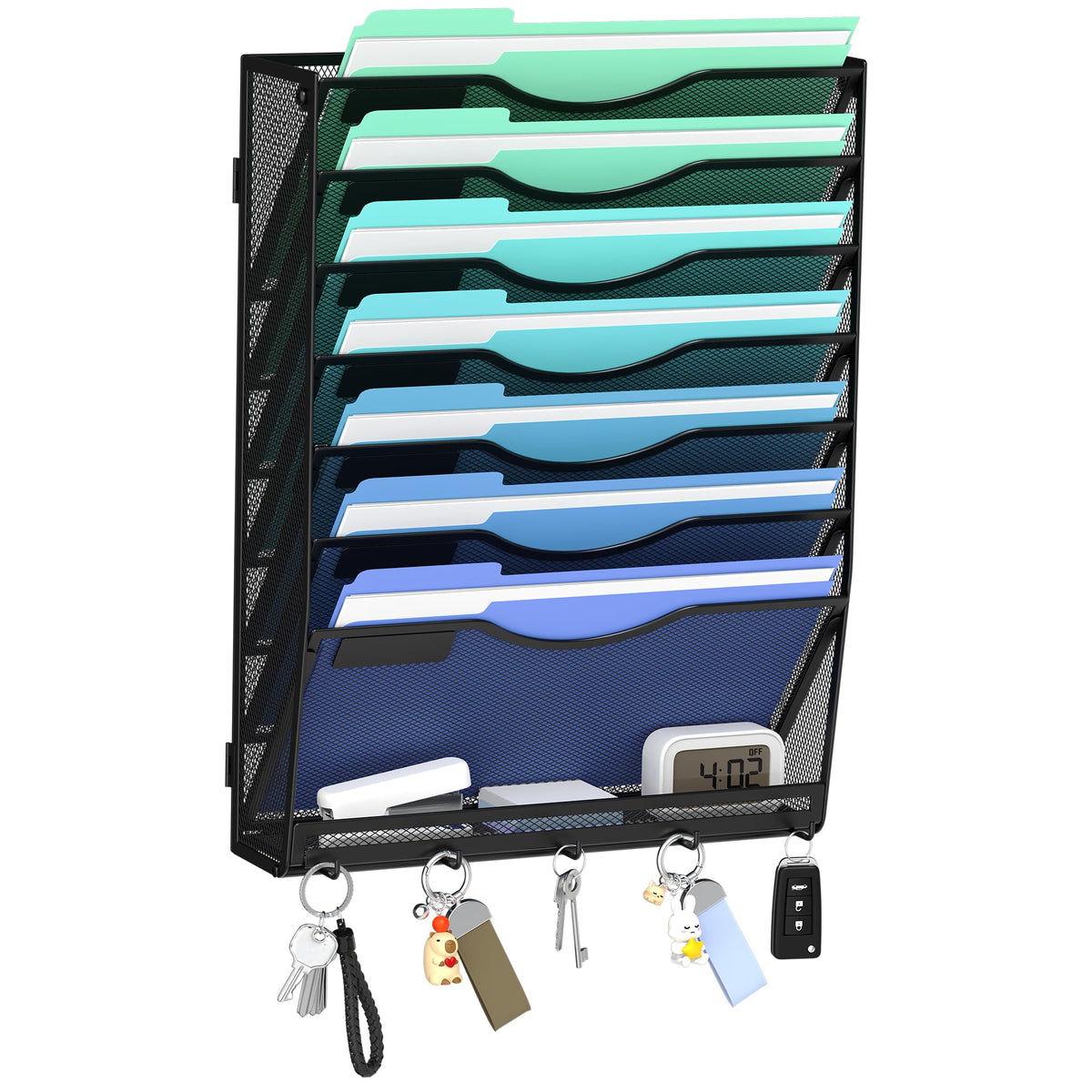 Gawerk Hanging Wall File Organizer with 5 Hooks - Wall Mounted Mail Paper Document Folder Holder, Sturdy Mesh Magazine Rack for Office Home (5 Tier)