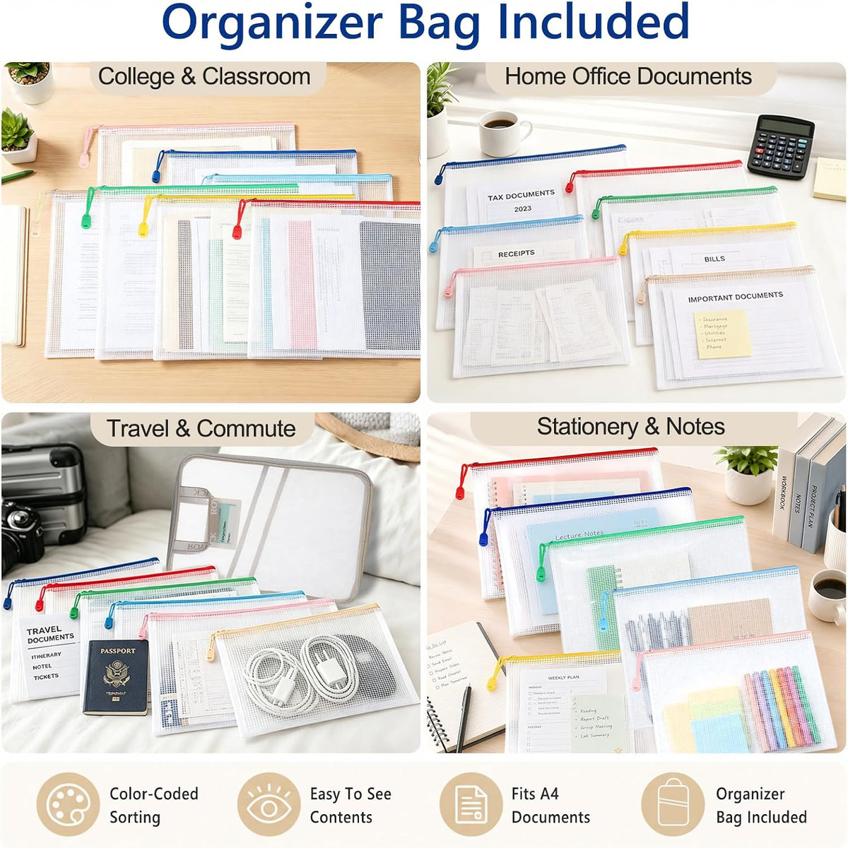 8pcs Mesh Zipper Pouches with Organizer Bag, Reusable Plastic Bag
