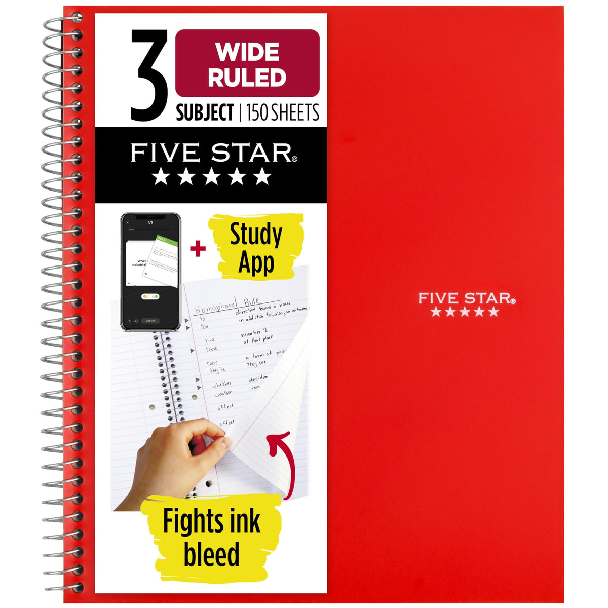 Five Star Spiral Notebook + Study App, 3 Subject, Wide Ruled Paper, 8" x 10-1/2", 150 Sheets, Fights Ink Bleed, Water Resistant Cover, Forest Green (73176)