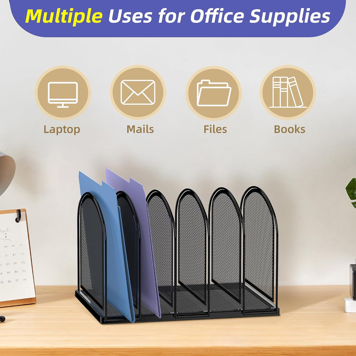 SUPEASY 5-Section File Organizer for Desk, Metal File Folder Holder, Black