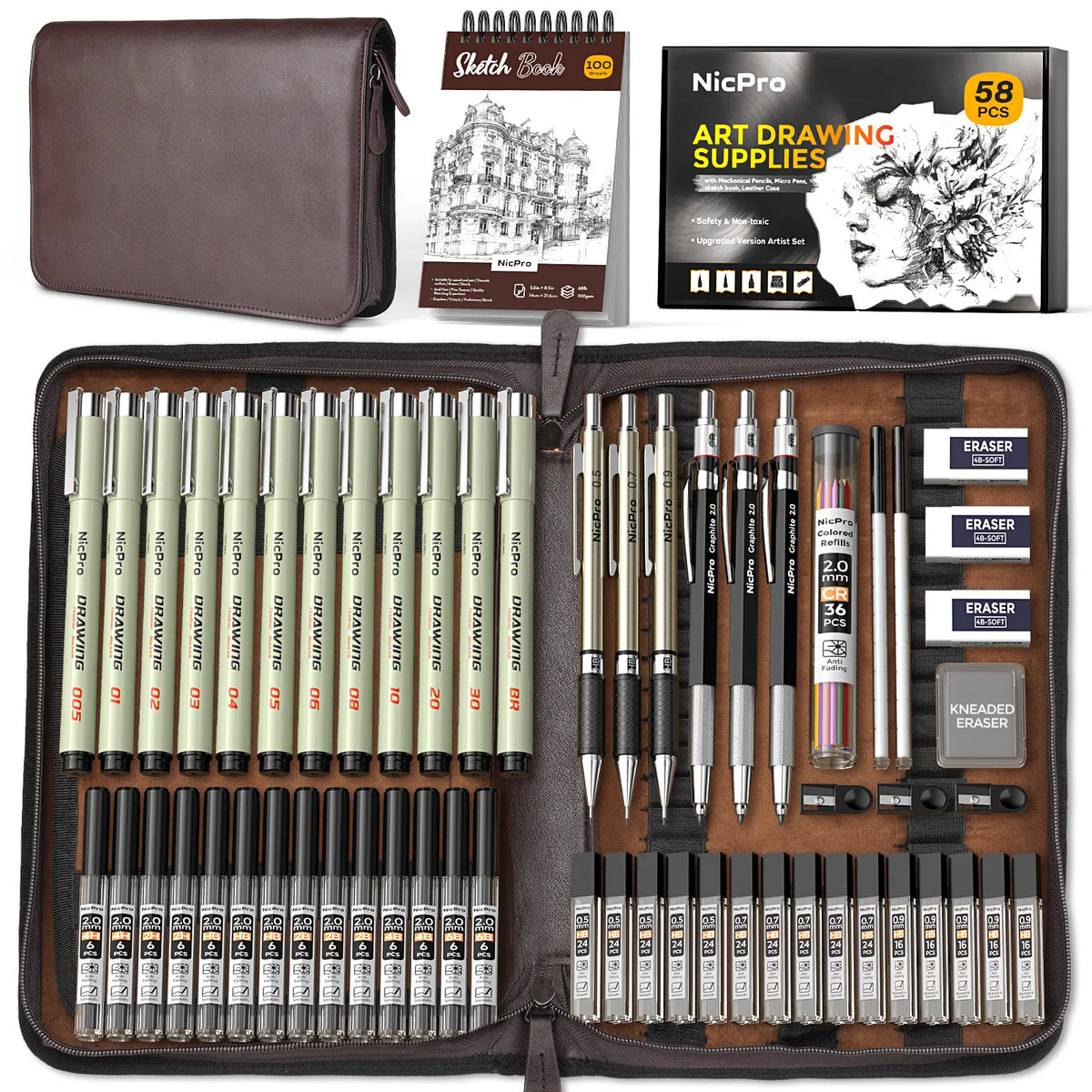 Nicpro 58-Piece Deluxe Leather Case Art Set - Office Stationery Kit with Sketchbook Art & Writing Tools, Artist Hand Drawn Supplies, Artist Quality Graphite Mechanical Pencils, 0.5/0.7/0.9/2mm Metal Drafting Pencils, 12-Micron Pen, 30 Lead Refills