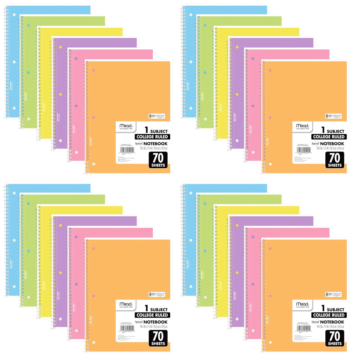Mead Spiral Notebook, 6 Pack, 1 Subject, College Ruled Paper, 7-1/2" x 10-1/2", 70 Sheets per Notebook, Assorted Bright Colors (830050-ECM)