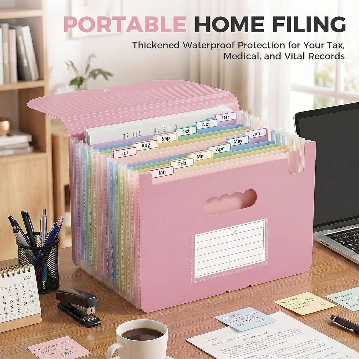 SKYDUE 13-Pocket Expanding File Folder, Accordion Document Organizer with Monthly Labels, A4 & Letter Size for Tax Records, Medical Files, Receipts, Home Office Use Pink