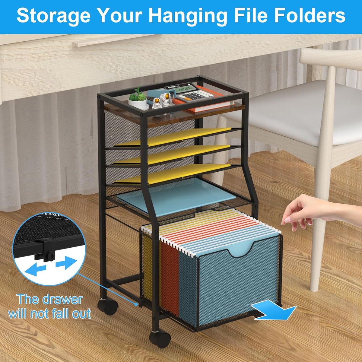 BOHDK Rolling File Cart, 6-Tier Desk File Organizer on Lockable Wheels, Brown Wood Planks & Mesh Sliding Hanging Folder Drawer, Organization Cart for Office Home School