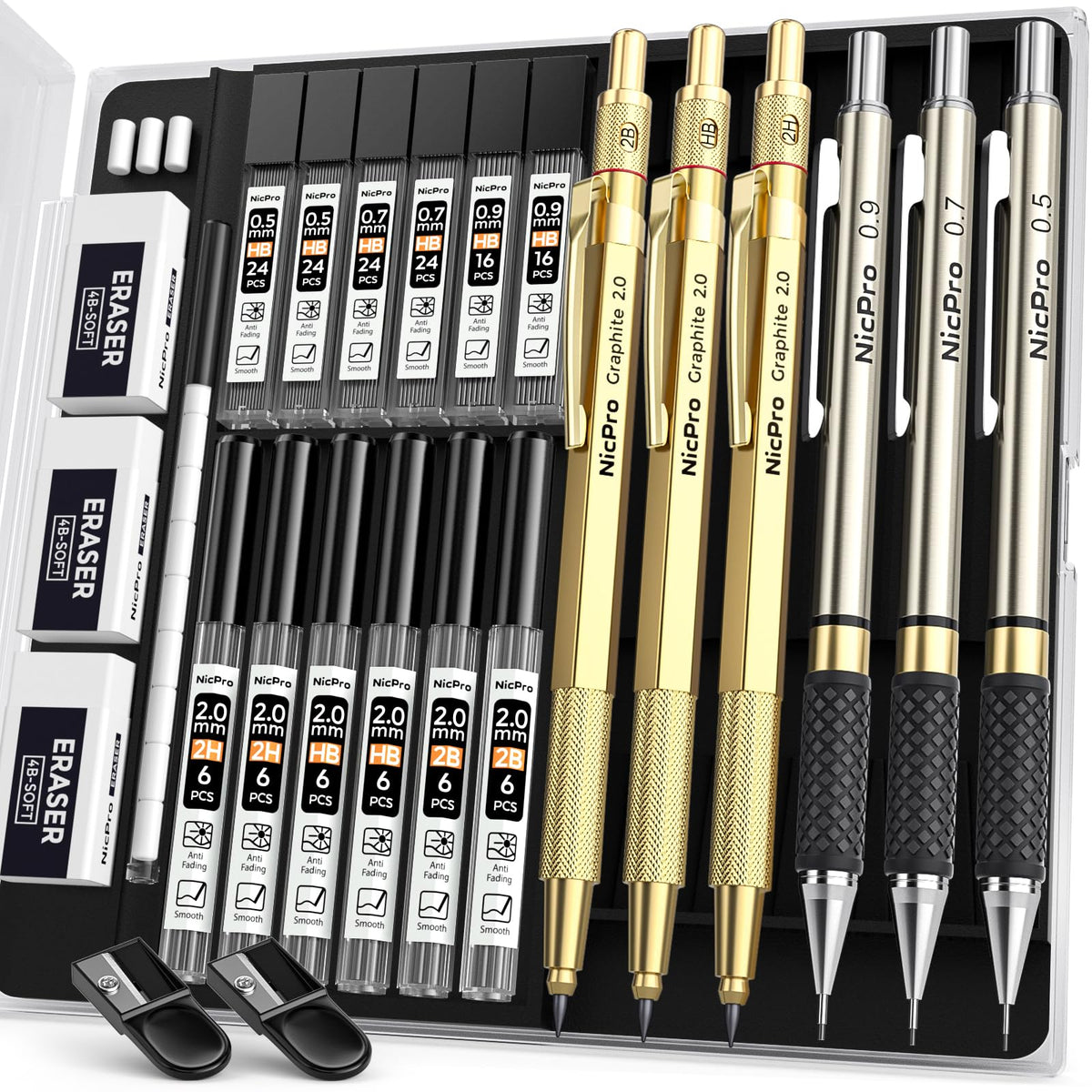 Nicpro 6PCS Art Mechanical Pencil Set, 0.5/0.7/0.9/2mm Point