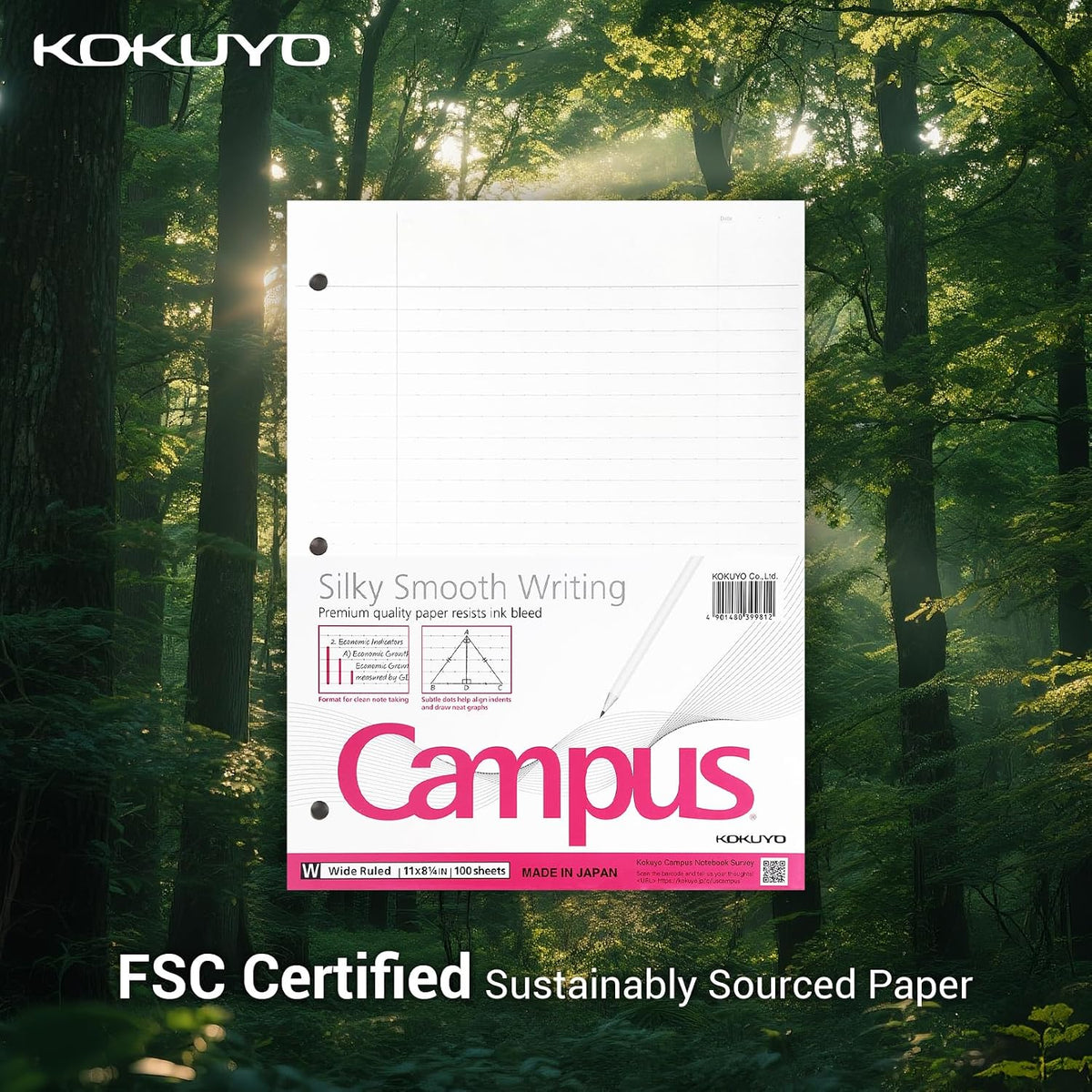 Kokuyo 3 Hole Loose Leaf Paper, 8-1/4"x11” Wide Ruled, 100 Sheets, 1 Pack