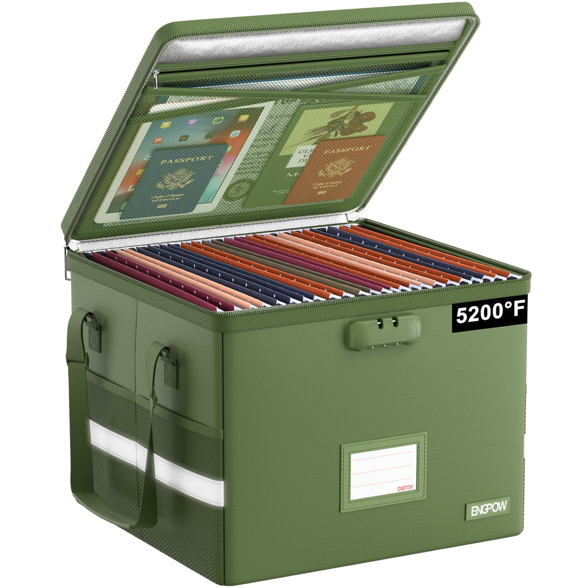 ENGPOW File Box with Lock, Fireproof Document Box with Zipper Lid, Collapsible File Storage Organizer Filing Cabinet with Handle, Portable Home Office Safe for Hanging Letter/Legal Folders, Green