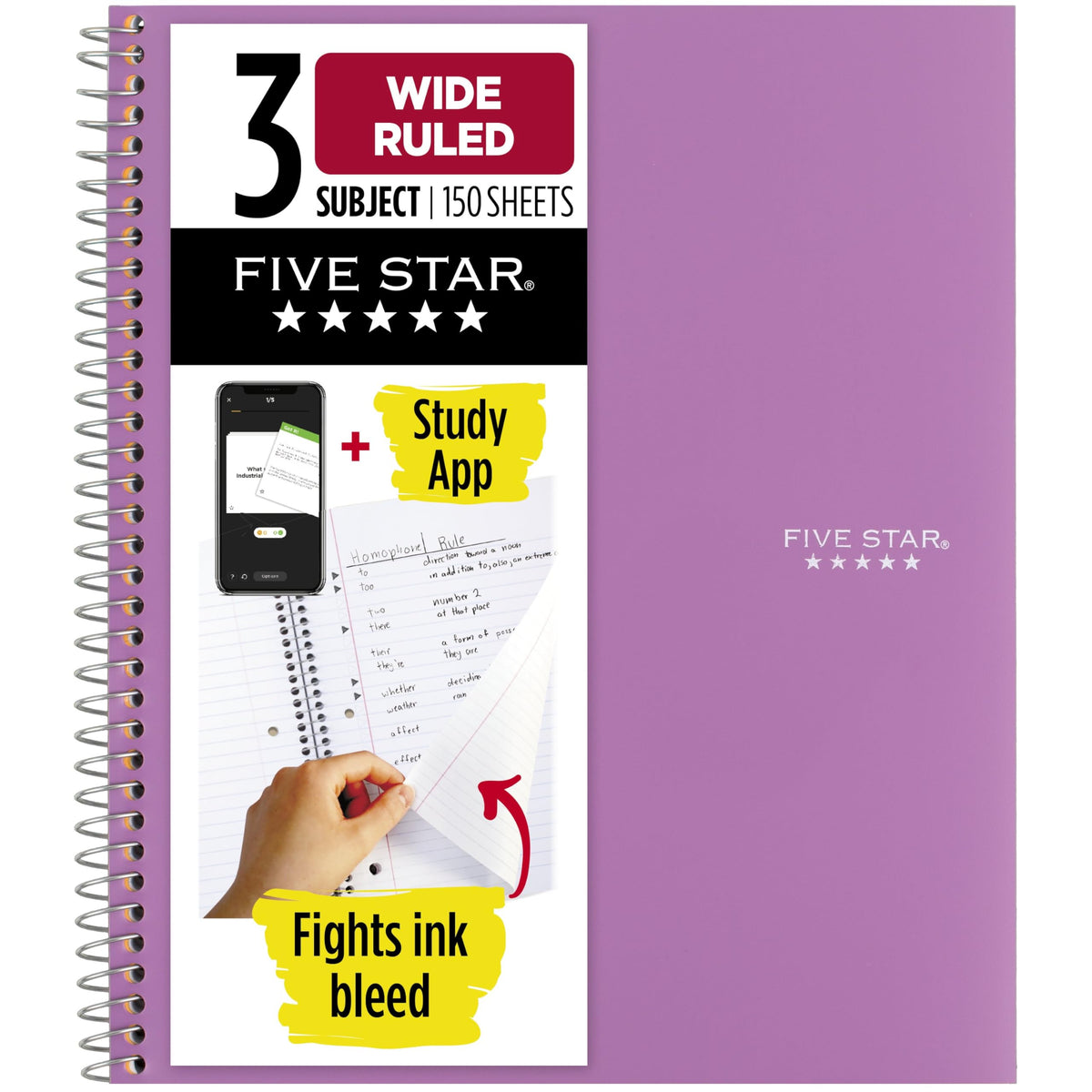 Five Star Spiral Notebook + Study App, 3 Subject, Wide Ruled Paper, 8" x 10-1/2", 150 Sheets, Fights Ink Bleed, Water Resistant Cover, Forest Green (73176)