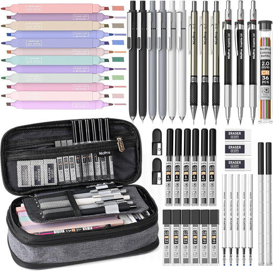 Nicpro School Supplies Stationary Set with Pencil Case, 50 PCS Black