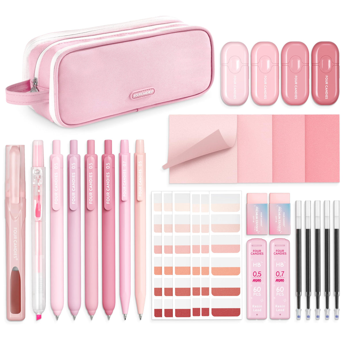 Four Candies Cute Aesthetic Pink School Supplies Kit for Girls