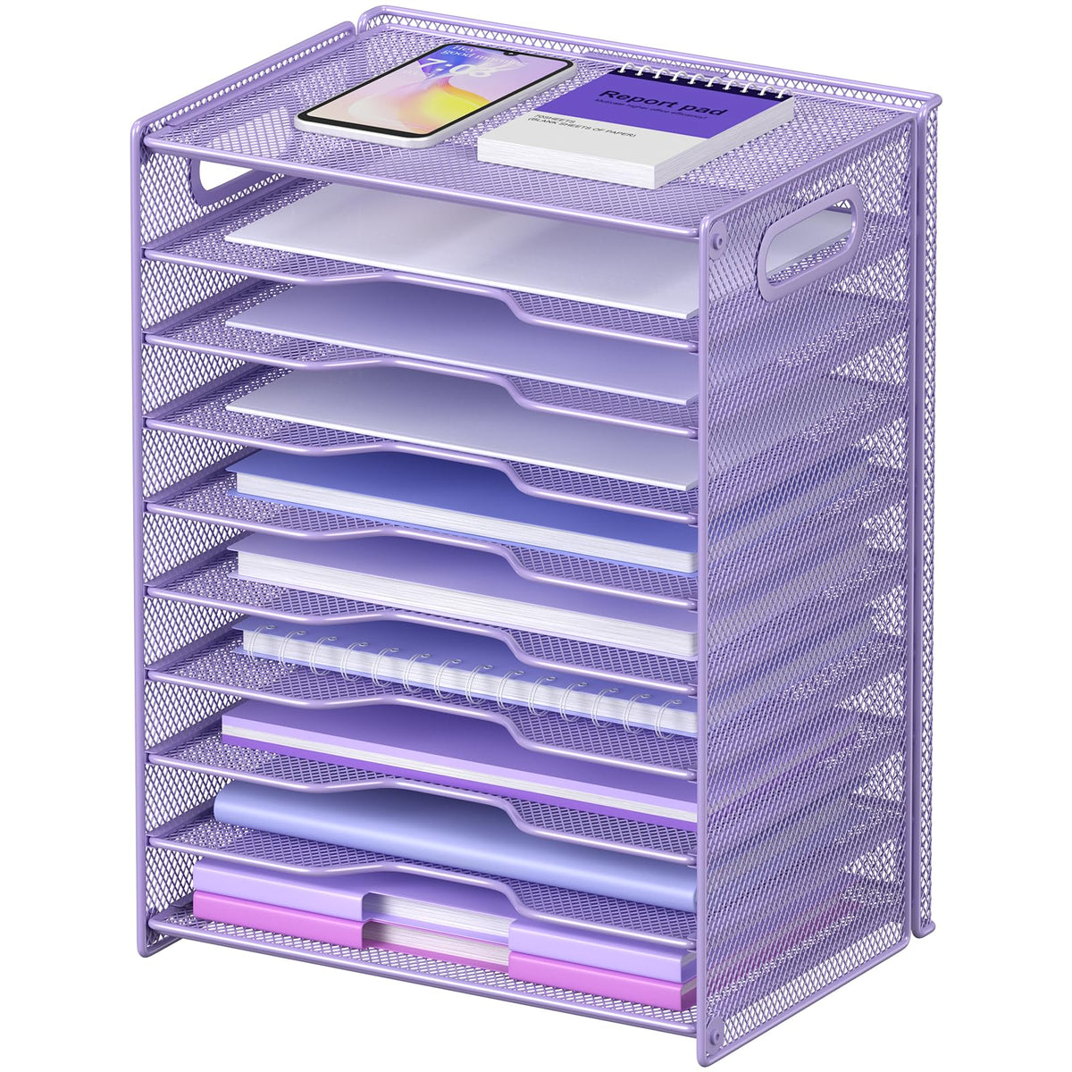 OUTWOLF 10 Tier Paper Organizer - Letter Tray Mesh Desk File Organizer with Handles for Office School Desktop, Black