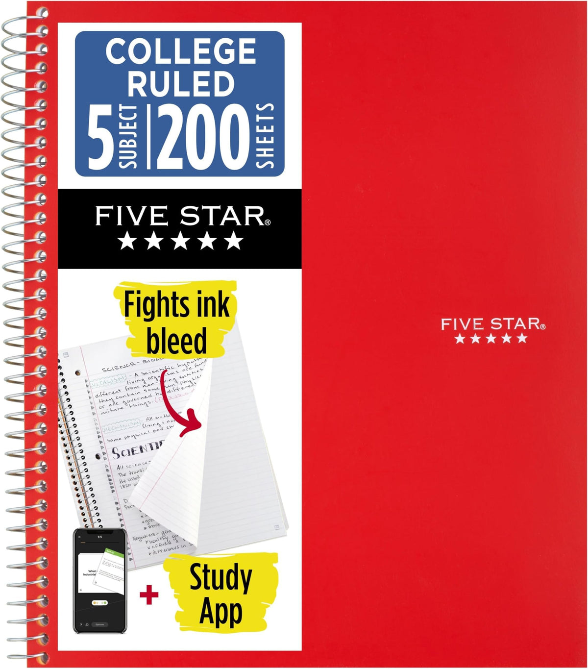 Five Star Spiral Notebook + Study App, 5 Subject, College Ruled Paper, 8-1/2" x 11", 200 Sheets, Fights Ink Bleed, Water Resistant Cover, Black (72081)