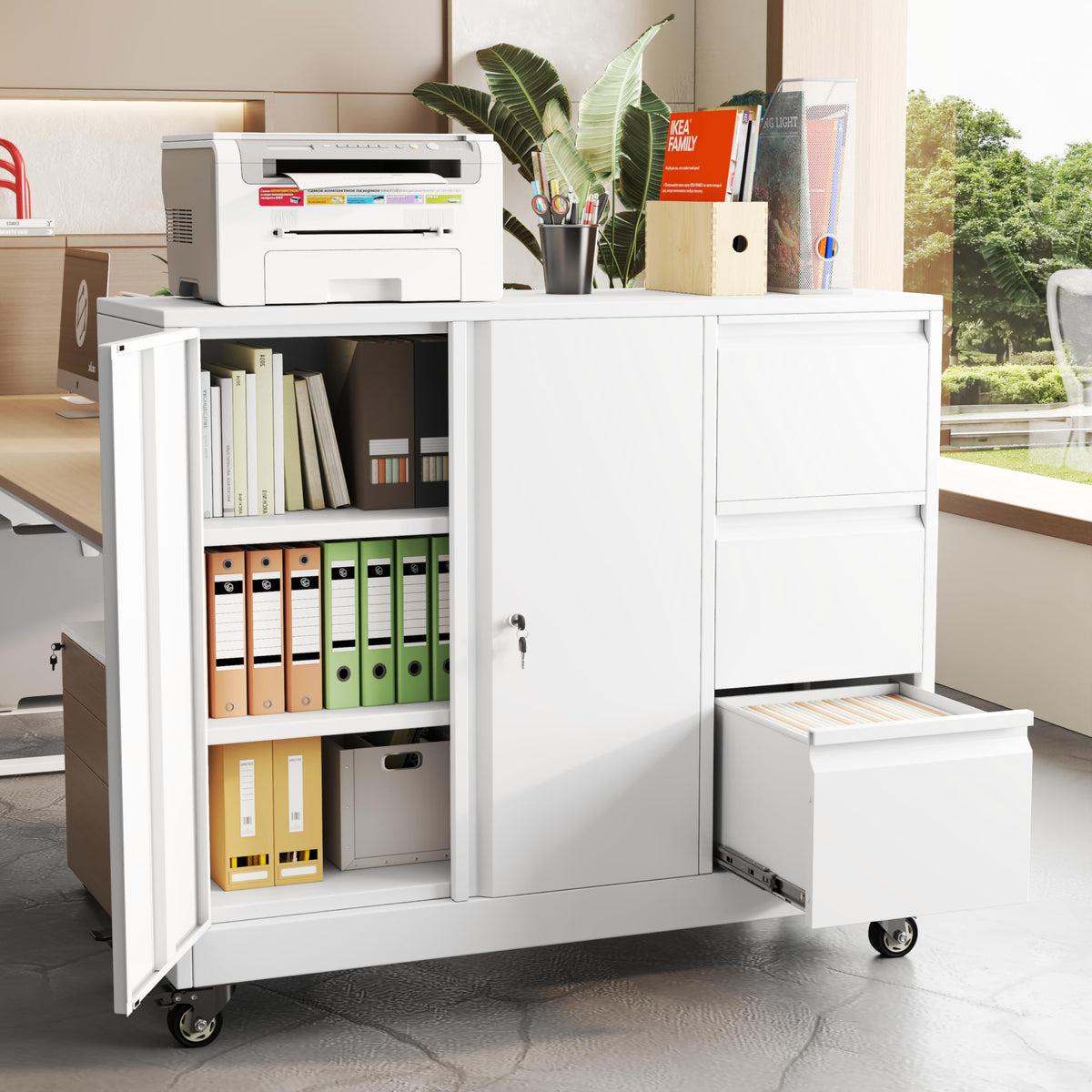 2 Drawer Metal File Cabinet with Lock,Lateral Filing Storage Cabinets,Steel Wide File Organization for Legal/Letter/A4/F4 Size with Hanging Files&Key,Lockable Printer Stand for Home Office, Black