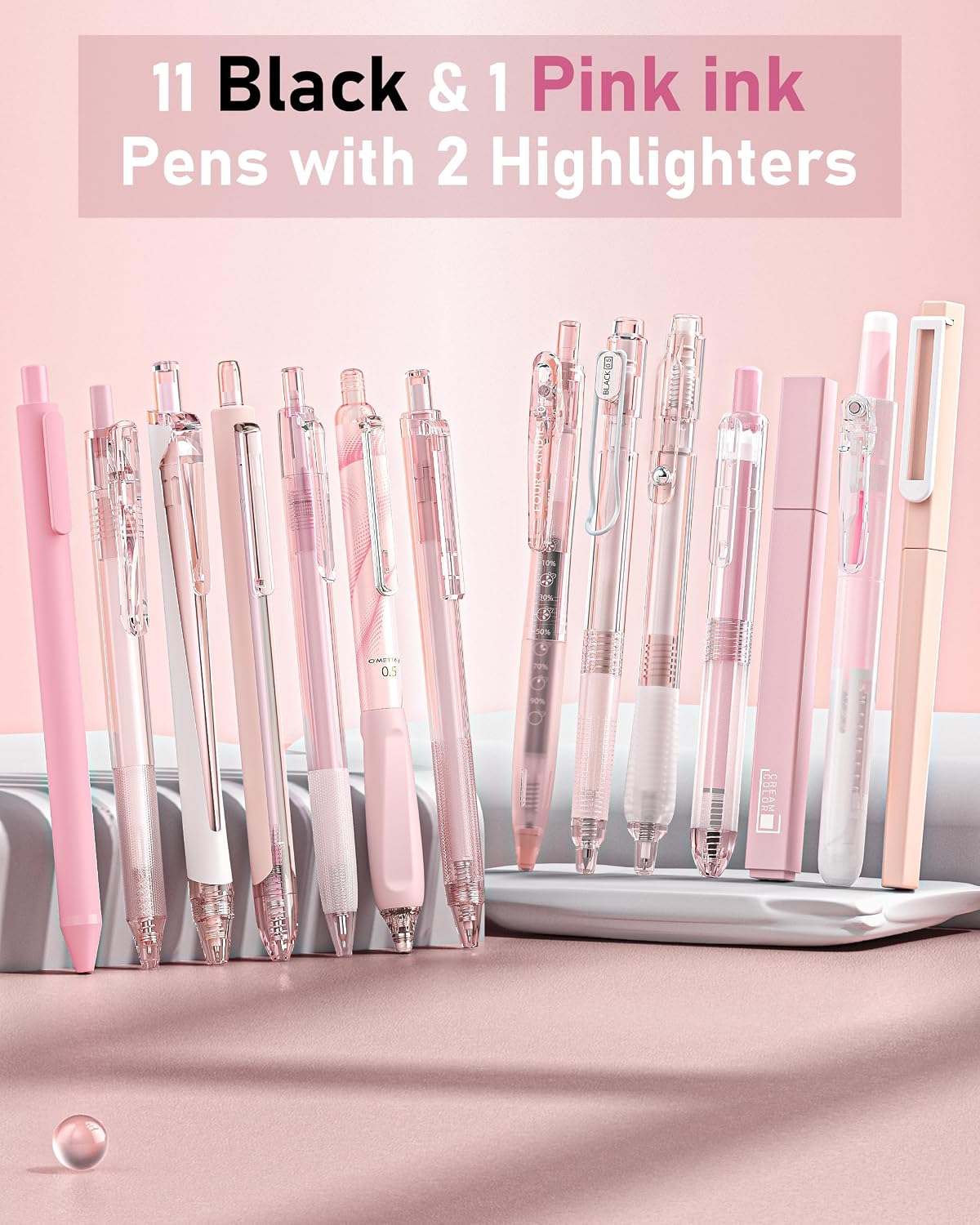 Four Candies Pink Pens, Black & Pink Ink, 0.5mm Fine Point, 2 Highlighters