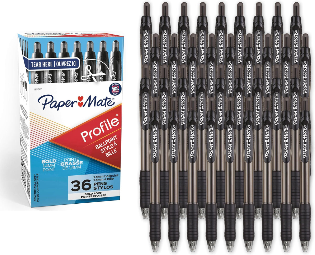 Paper Mate Profile Retractable Ballpoint Pens, Bold Point (1.4mm), Assorted Colors, 12 Count - Back to School, Office, Teacher Supplies