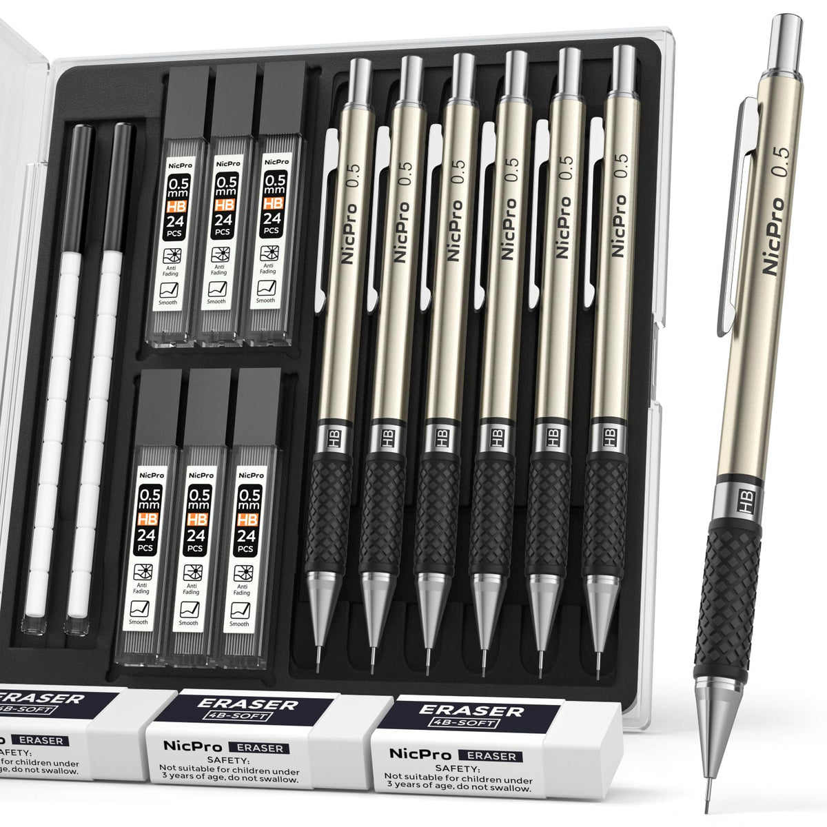 Nicpro 0.7 mm Art Mechanical Pencil Set in Storage Case, 3 PCS