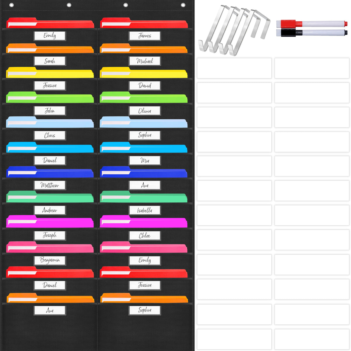 Vantasii Organization Center Pocket Chart, Wall File Organizer Folder with 30 File Pockets, 30 Dry-Erase Cards Plus 5 Over The Door Hooks and 8 Wall Hooks, 47 X 42 inch