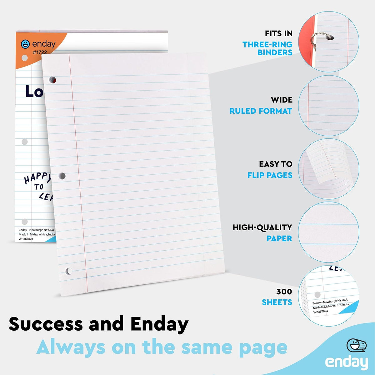 Loose Leaf Paper Notebook Paper, 8" x 10.5" Filler Paper White, 3 Hole Punched Binder Paper for 3 Ring Binders, Lined Paper 150 Sheets Per Pack - By Enday