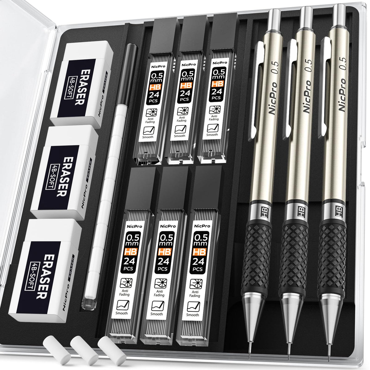 Nicpro 0.7 mm Art Mechanical Pencil Set in Storage Case, 3 PCS
