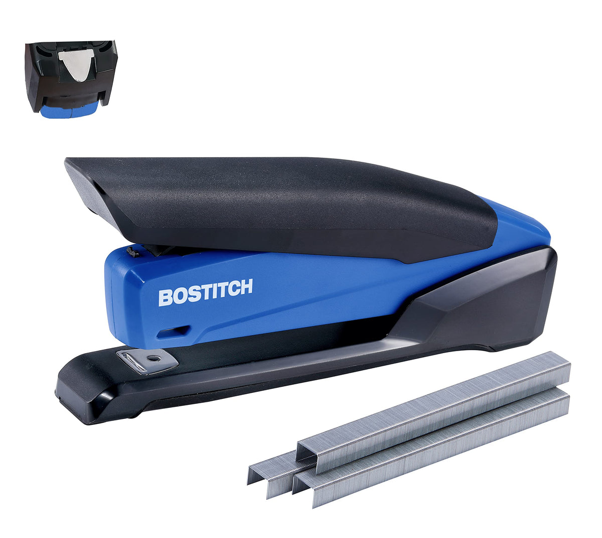 Bostitch Office Executive 3 in 1 Stapler, Includes 210 Staples and Integrated Staple Remover, One Finger Stapling, No Effort, 20 Sheet Capacity, Spring Powered Stapler, Black/Gray (INP20)