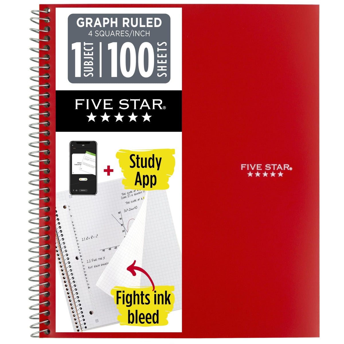 Five Star Spiral Notebook + Study App, 1 Subject, Graph Ruled Paper, 8-1/2" x 11", 100 Sheets, Fights Ink Bleed, Water Resistant Cover, Black (73679)