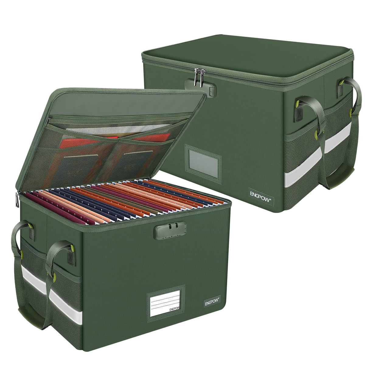 ENGPOW File Box with Lock, Fireproof Document Box with Zipper Lid, Collapsible File Storage Organizer Filing Cabinet with Handle, Portable Home Office Safe for Hanging Letter/Legal Folders, Green