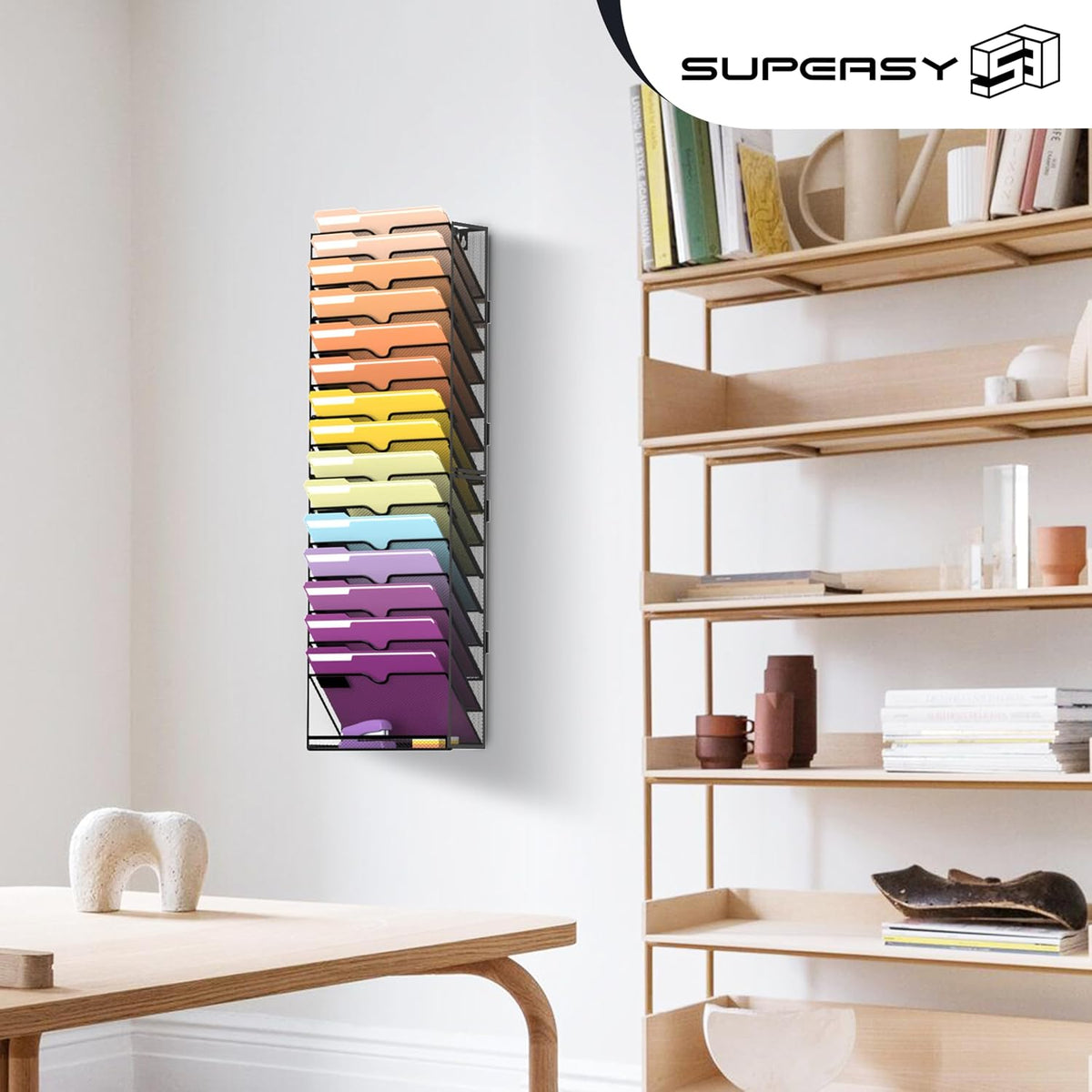 SUPEASY 16-Tier Hanging Wall File Holder Organizer for Papers, Folders, Files Clipboard & Magazine Organization Great for Office Home, Assembly Needed, Black