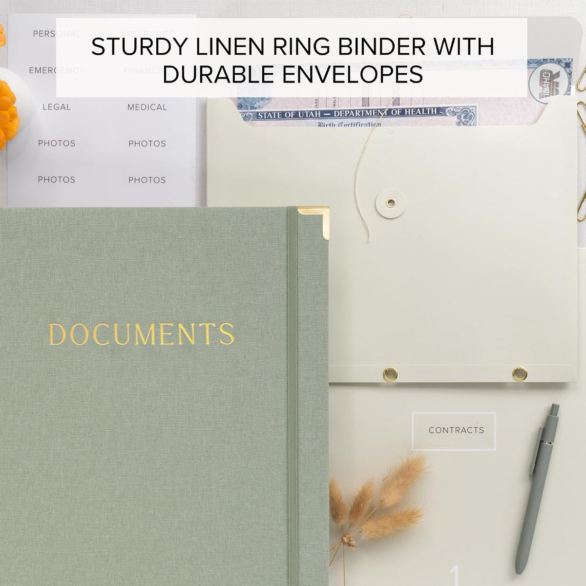 Important Document Organizer Set with Folders - Complete Linen Ring Binder