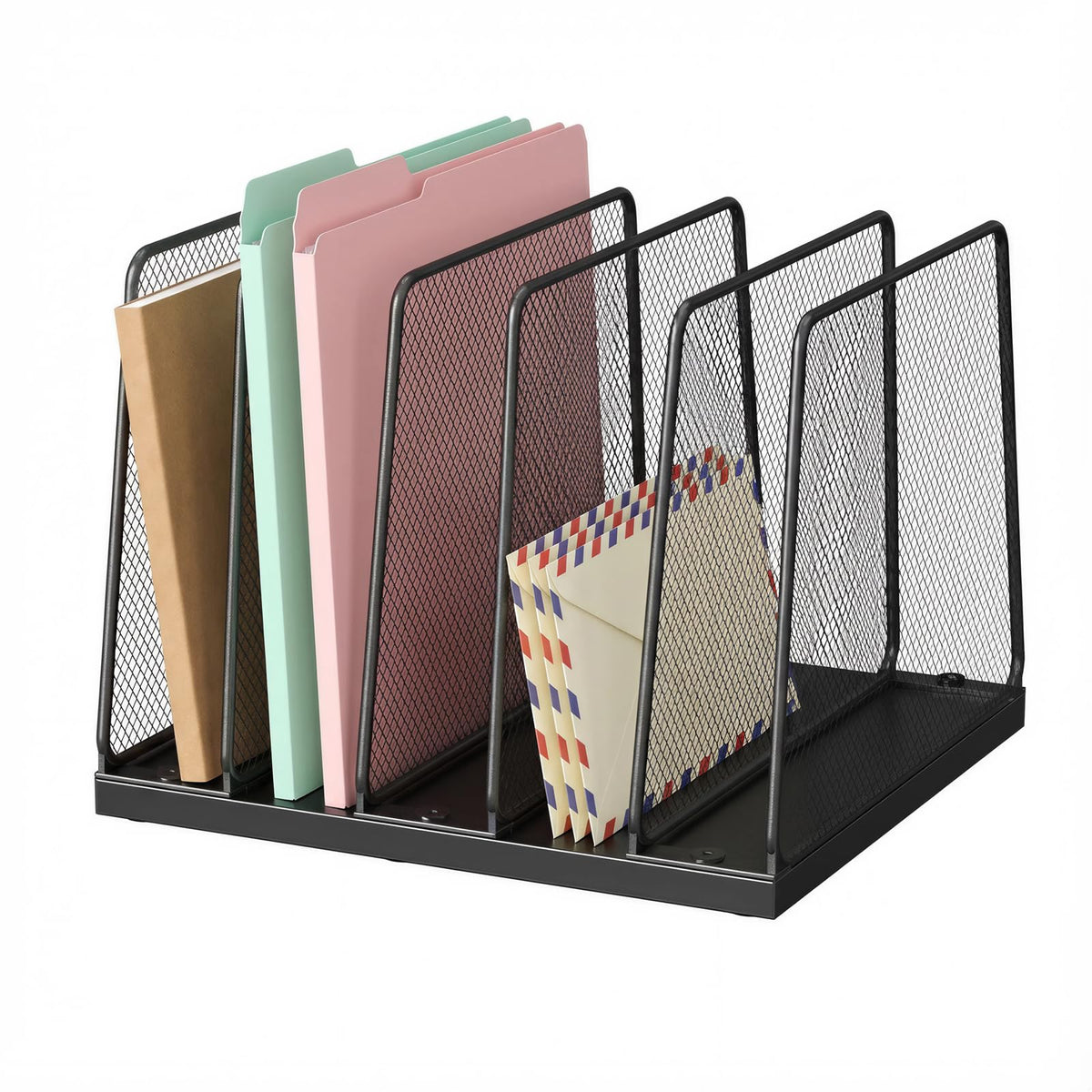 LEKETREE Desk File Organizer, 5-Section Upright File Sorter, Vertical File Folder Holder, Mesh Metal Wood Office Desktop Organization for Document, Magazine, Books and more (Black)