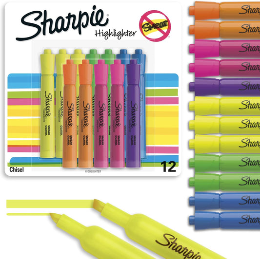 Sharpie Tank Highlighters, Assorted Colors, Chisel Tip, Back to School Essentials, Teacher & Office Supplies, Smear-Resistant, 12-Pack