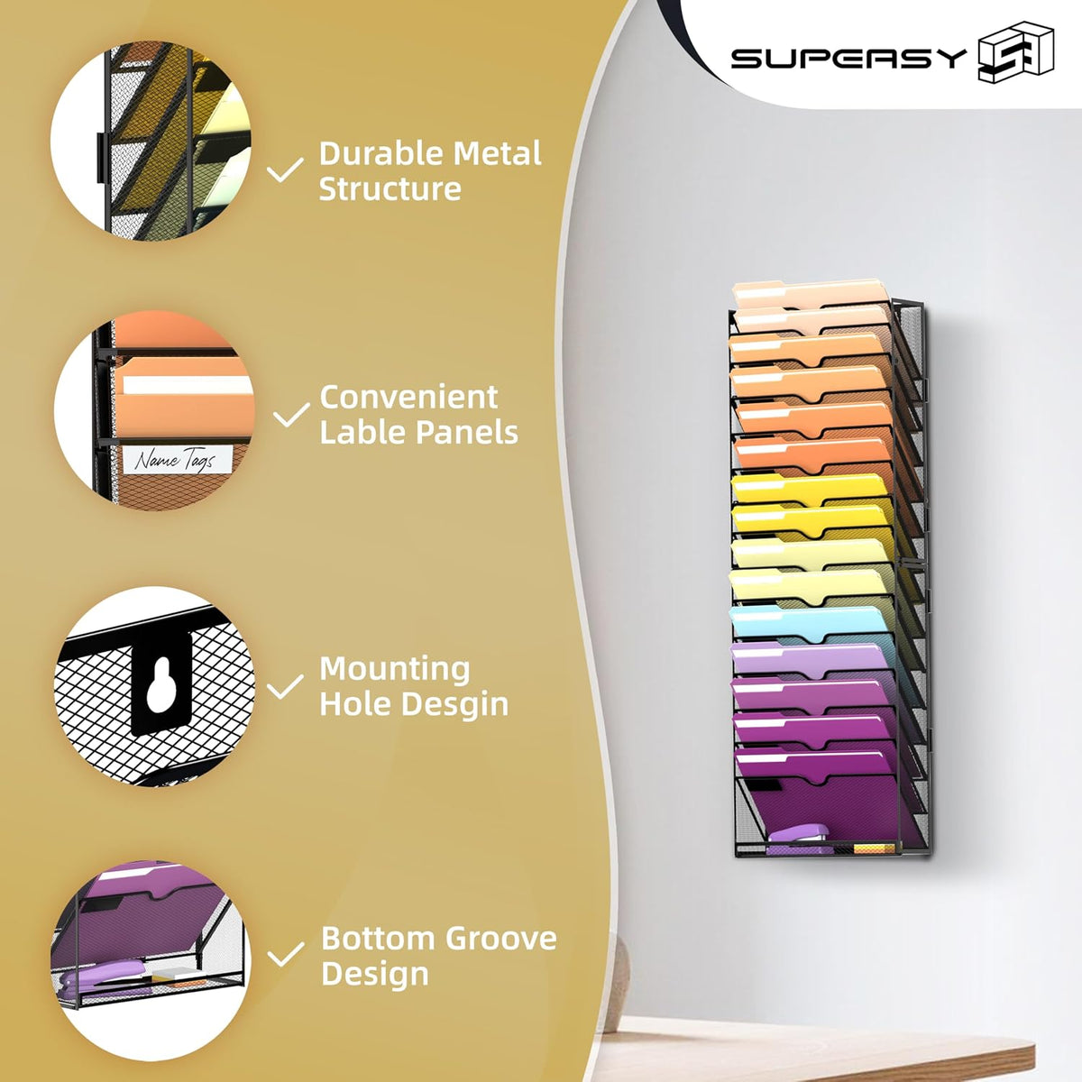 SUPEASY 16-Tier Hanging Wall File Holder Organizer for Papers, Folders, Files Clipboard & Magazine Organization Great for Office Home, Assembly Needed, Black