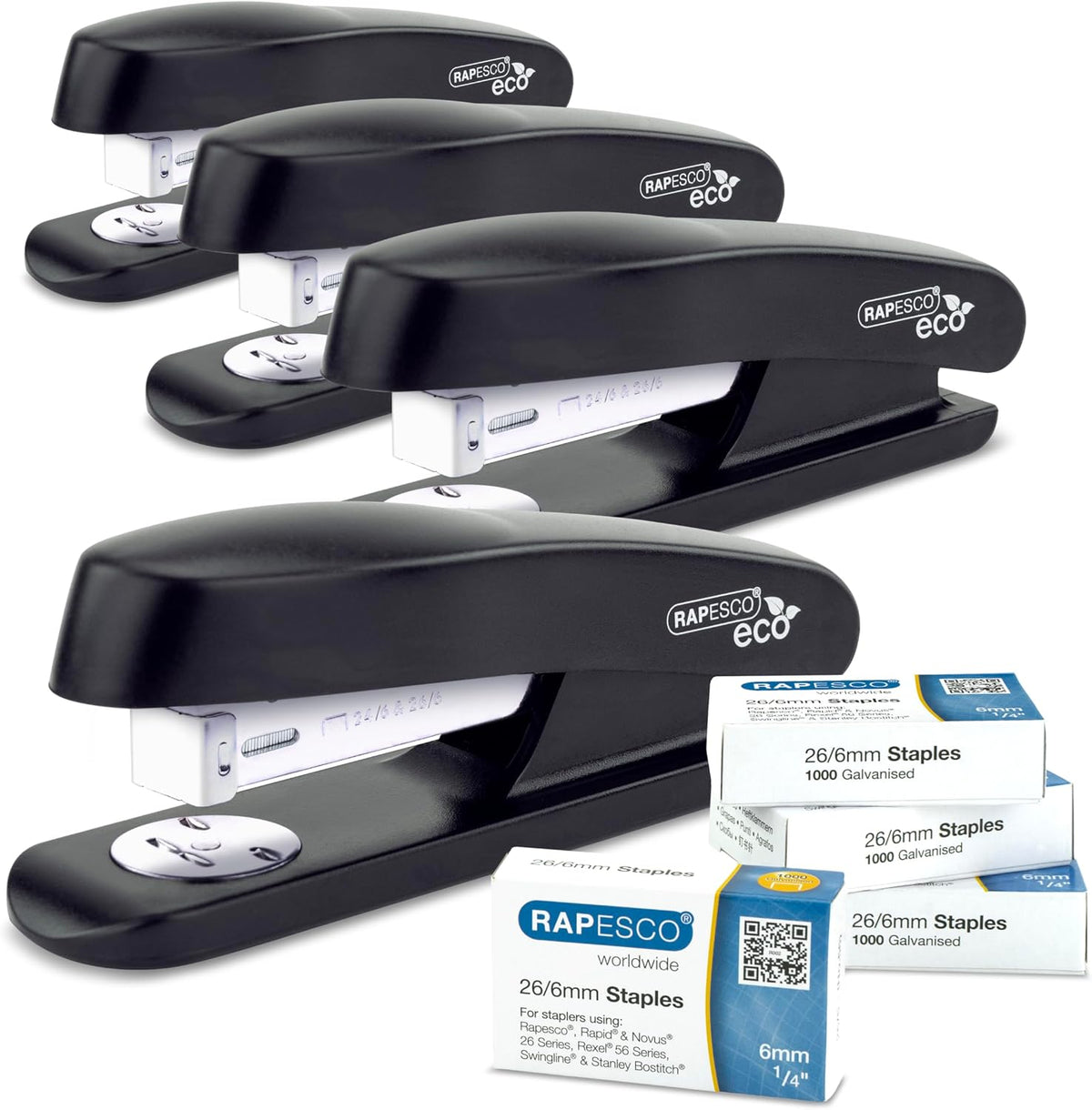 Rapesco 1756 Business Pack, 4 ECO Staplers, 20 Sheet Capacity, Black