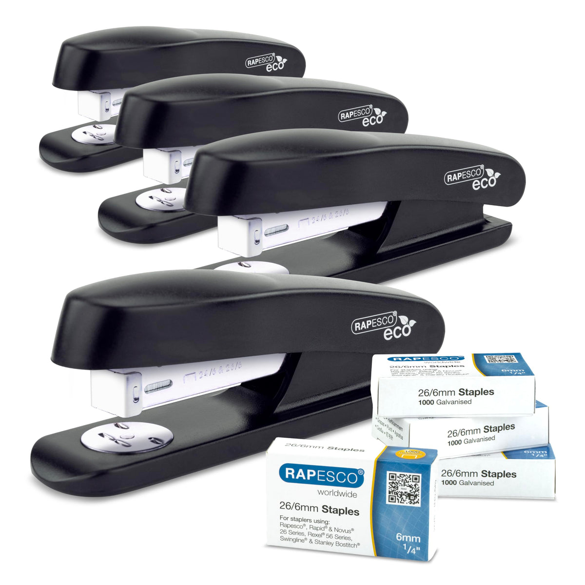 Rapesco 1756 Business Pack, 4 ECO Staplers, 20 Sheet Capacity, Black