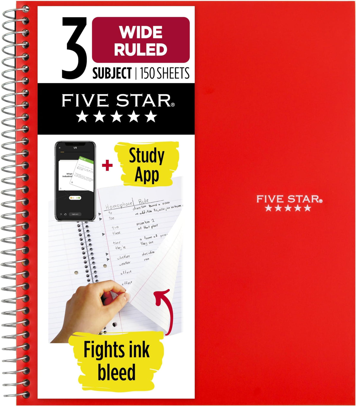 Five Star Spiral Notebook + Study App, 3 Subject, Wide Ruled Paper, 8" x 10-1/2", 150 Sheets, Fights Ink Bleed, Water Resistant Cover, Forest Green (73176)