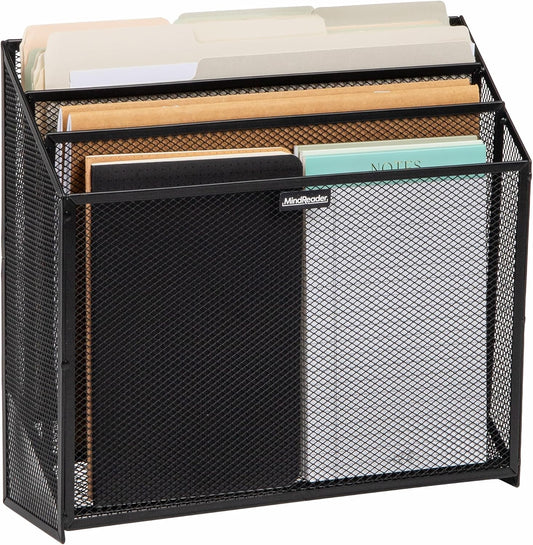 Mind Reader Vertical File Storage, Desktop Organizer, Workspace, Office, Metal Mesh, 12.5"L x 3.75"W x 11.5"H, Black
