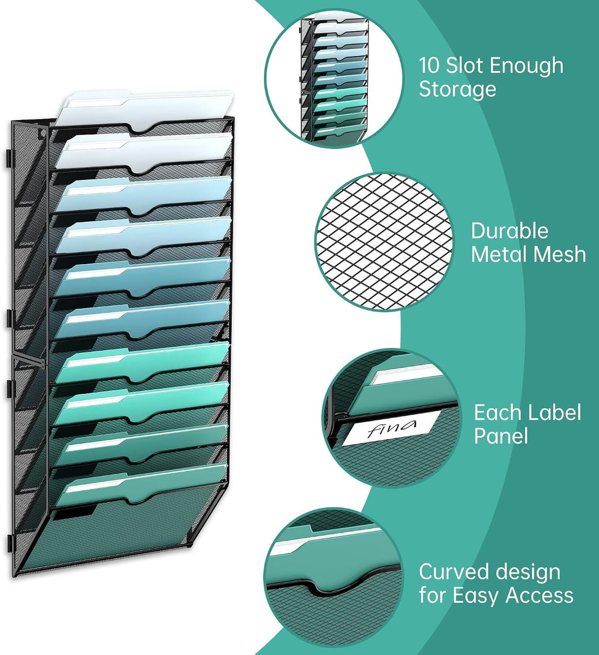 10-Tier Wall File Organizer, Hanging File Holder, Wall Mounted Mail Sorter