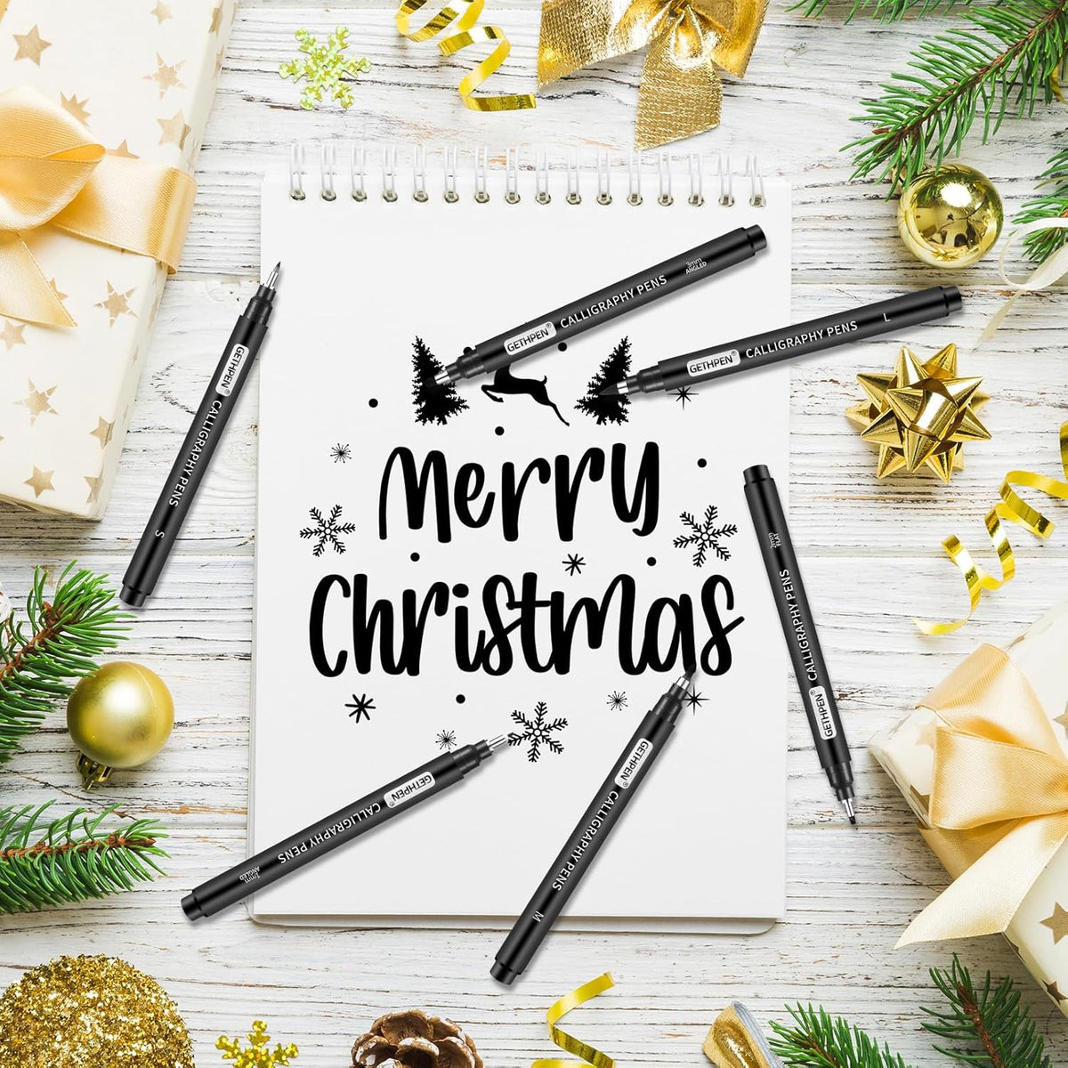 GETHPEN Calligraphy Brush Pen Set,10 Sizes Black Archival Ink Markers