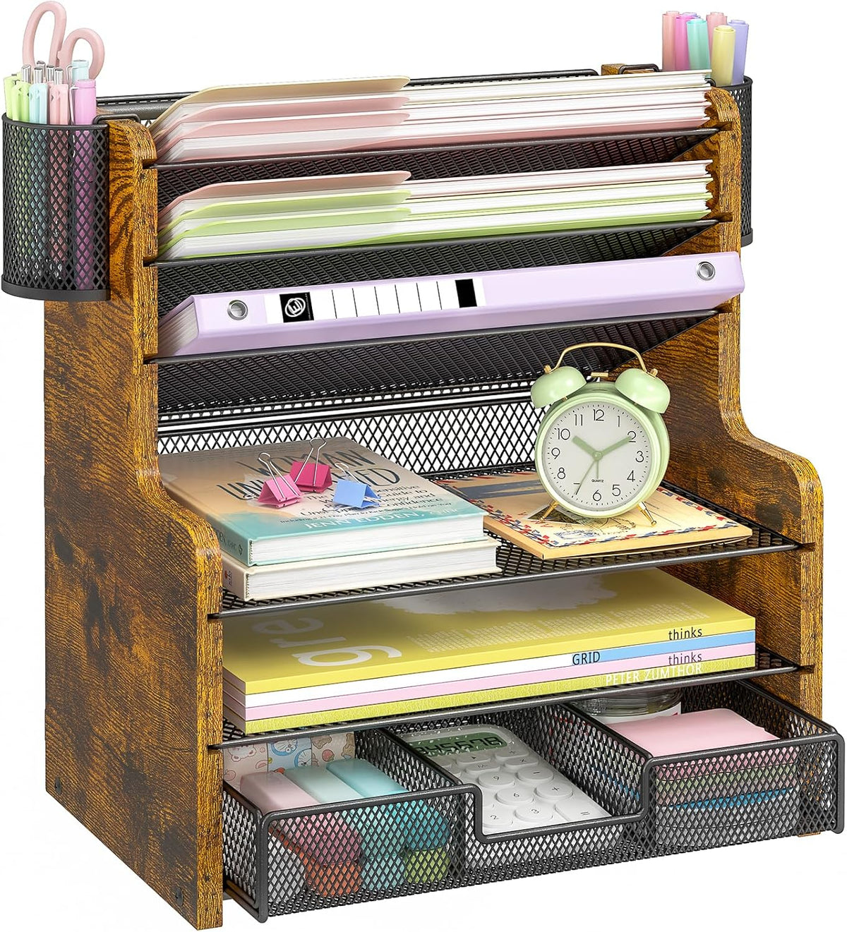 DAOUTIME 6-Tier Mesh Desk Organizer with Drawer, Wooden Office Organizer for Papers, Folders & Office Supplies - Sturdy Desktop File Holder with 2 Pen Holders - Space Saving Home Office Accessories