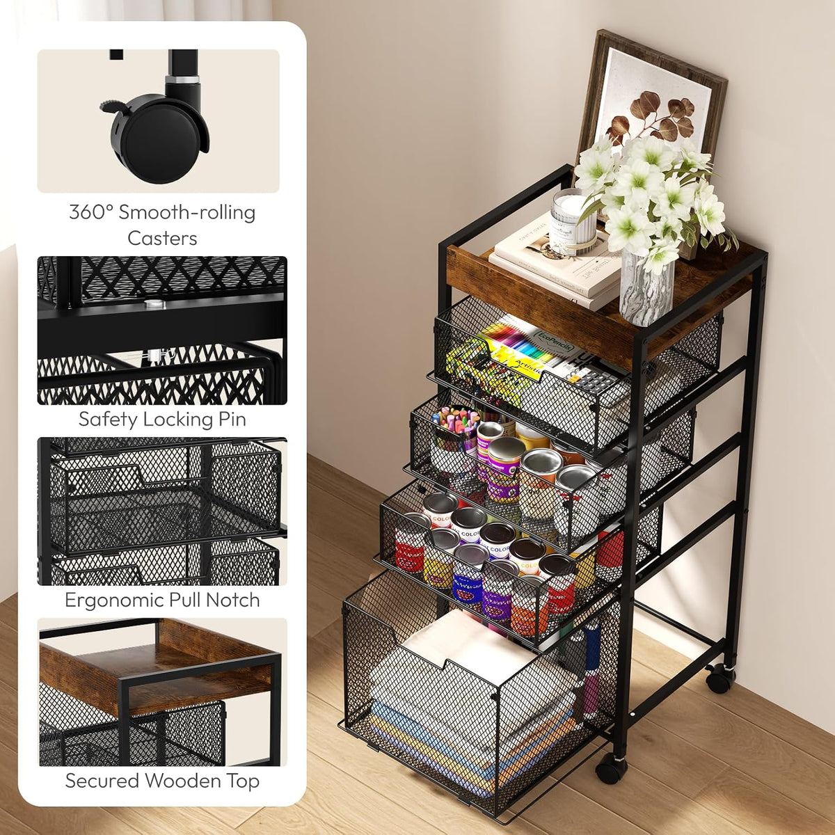 SWTYMIKI Rolling File Cart with Drawers - 5 Tier Art Craft Rolling Organizer Cart - Office Storage &Organization, Mobile Metal File Cabinet for Office and Home Espresso