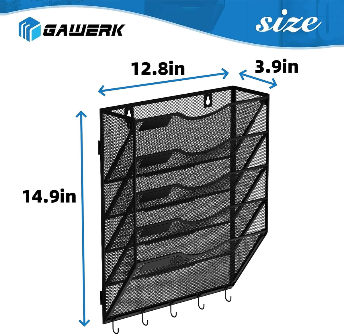 Gawerk Hanging Wall File Organizer with 5 Hooks - Wall Mounted Mail Paper Document Folder Holder, Sturdy Mesh Magazine Rack for Office Home (5 Tier)