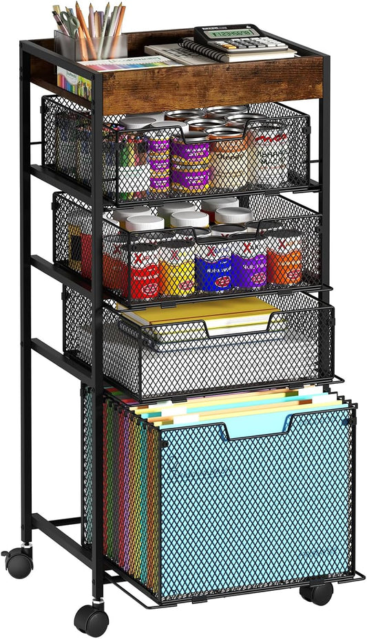 SWTYMIKI Rolling File Cart with Drawers - 5 Tier Art Craft Rolling Organizer Cart - Office Storage &Organization, Mobile Metal File Cabinet for Office and Home Espresso