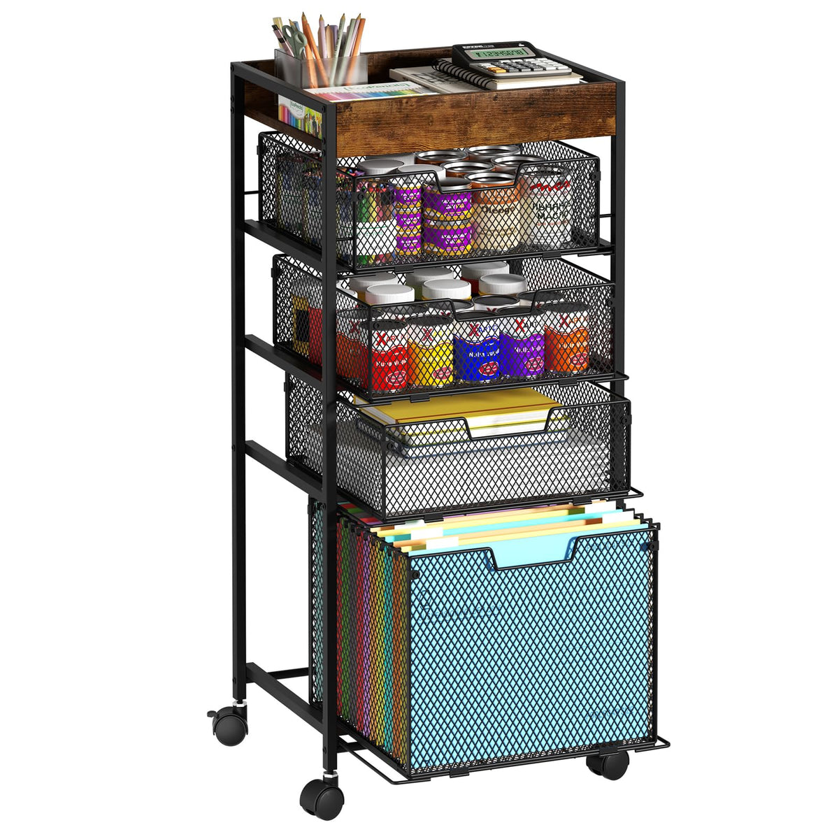SWTYMIKI Rolling File Cart with Drawers - 5 Tier Art Craft Rolling Organizer Cart - Office Storage &Organization, Mobile Metal File Cabinet for Office and Home Espresso