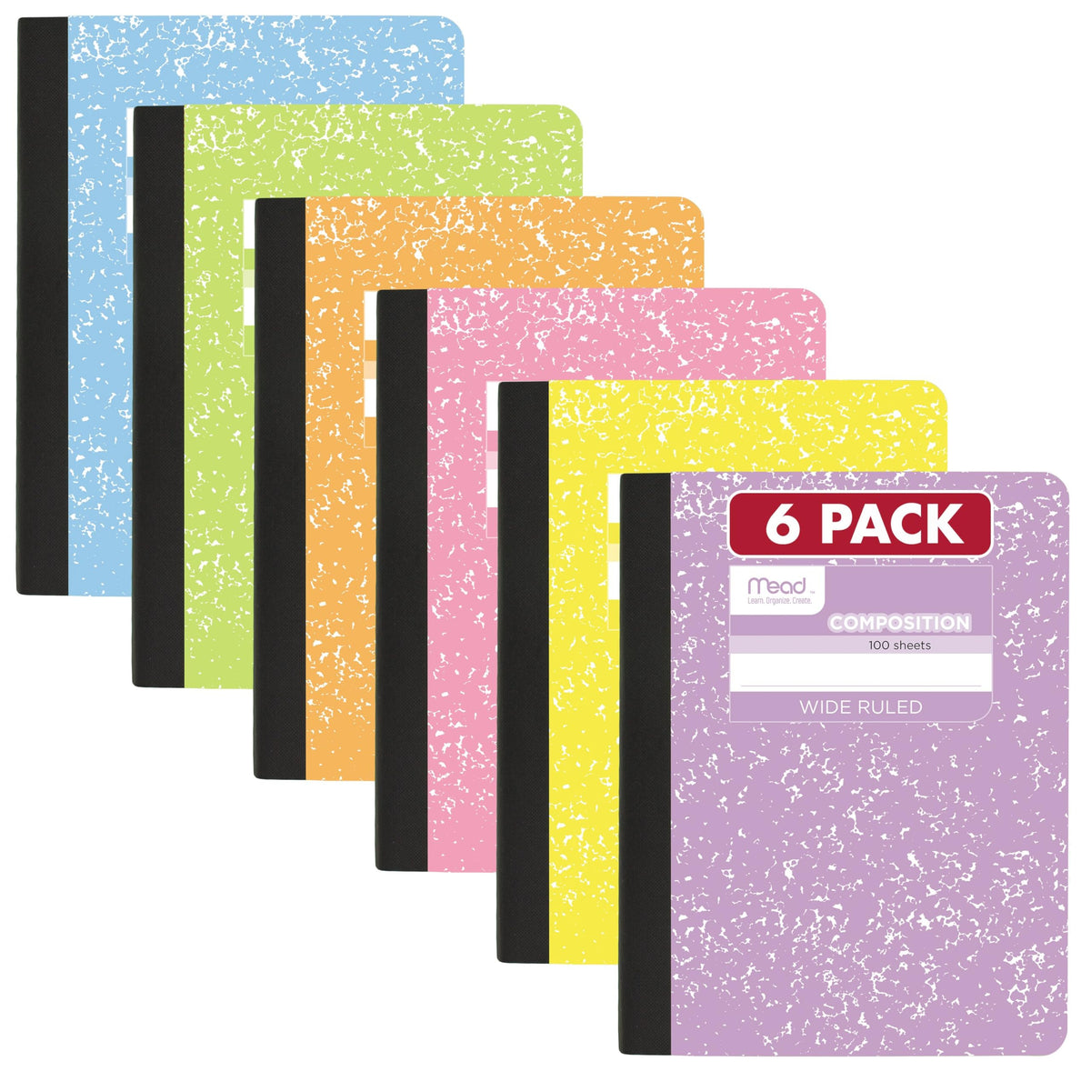 Mead Composition Notebook, Wide Ruled 7.5" x 9.75" Paper, 100 Sheets, Assorted Colors, 6 Pack (950054-ECM)